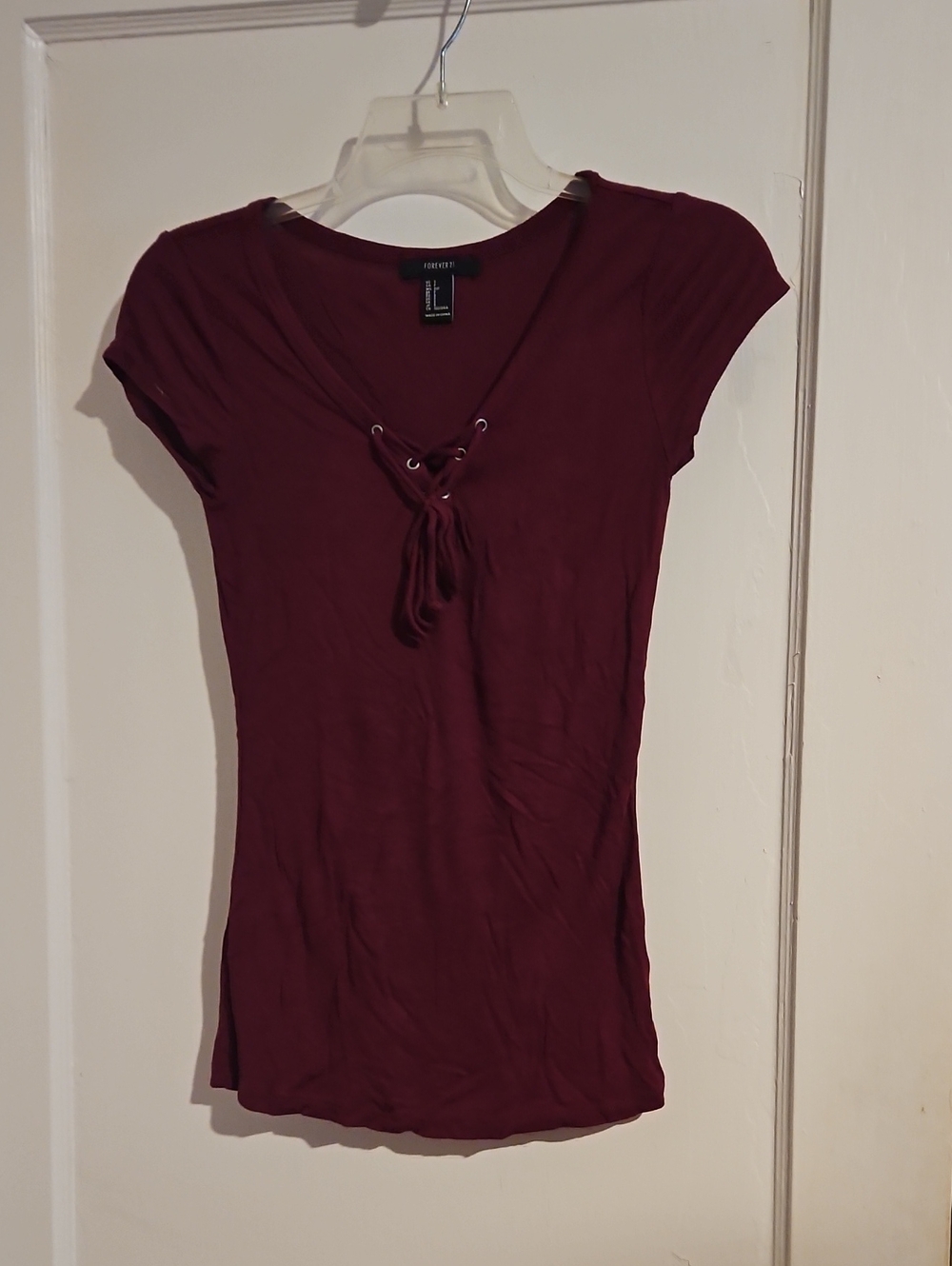 Forever 21 Short Sleeve Lace-Up V-Neck Tee - Wine Size Small